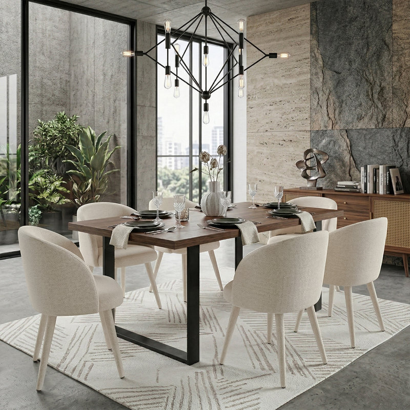 Ensemble de table de salle à manger rectangulaire 71 "avec fauteuils rembourrés, couleur noyer, Blanc