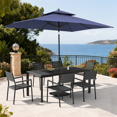 Ensemble repas pour 6 personnes en aluminium avec chaises empilables, parasol de patio et base lestée