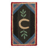 Antique Hooked Rug In Dark Brown With Horseshoe Pictorial - Rug & Kilim
