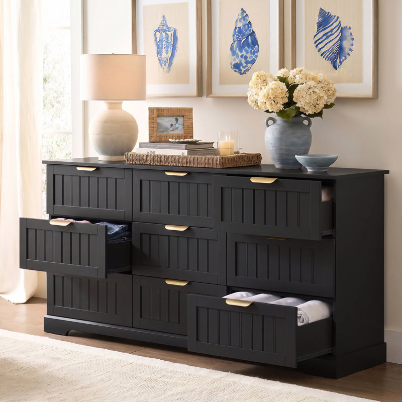 Commode 9 tiroirs Aideen, l 63 po Commode moderne avec poignée en métal, Noir