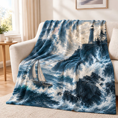 1Pcs Lighthouse Ship Print Fleece Blanket – Single-Sided;Artistic DesignIdeal for Living Room and BedroomDecorative EffectA Perfect Gift Choice. Bedding and sofa items