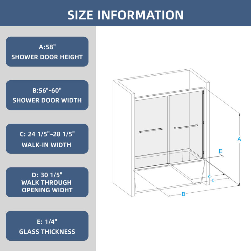 56"- 60" W X 58" H Double Sliding Aluminum Framed Shower Door With 1/4" SGCC Certified Tempered Glass