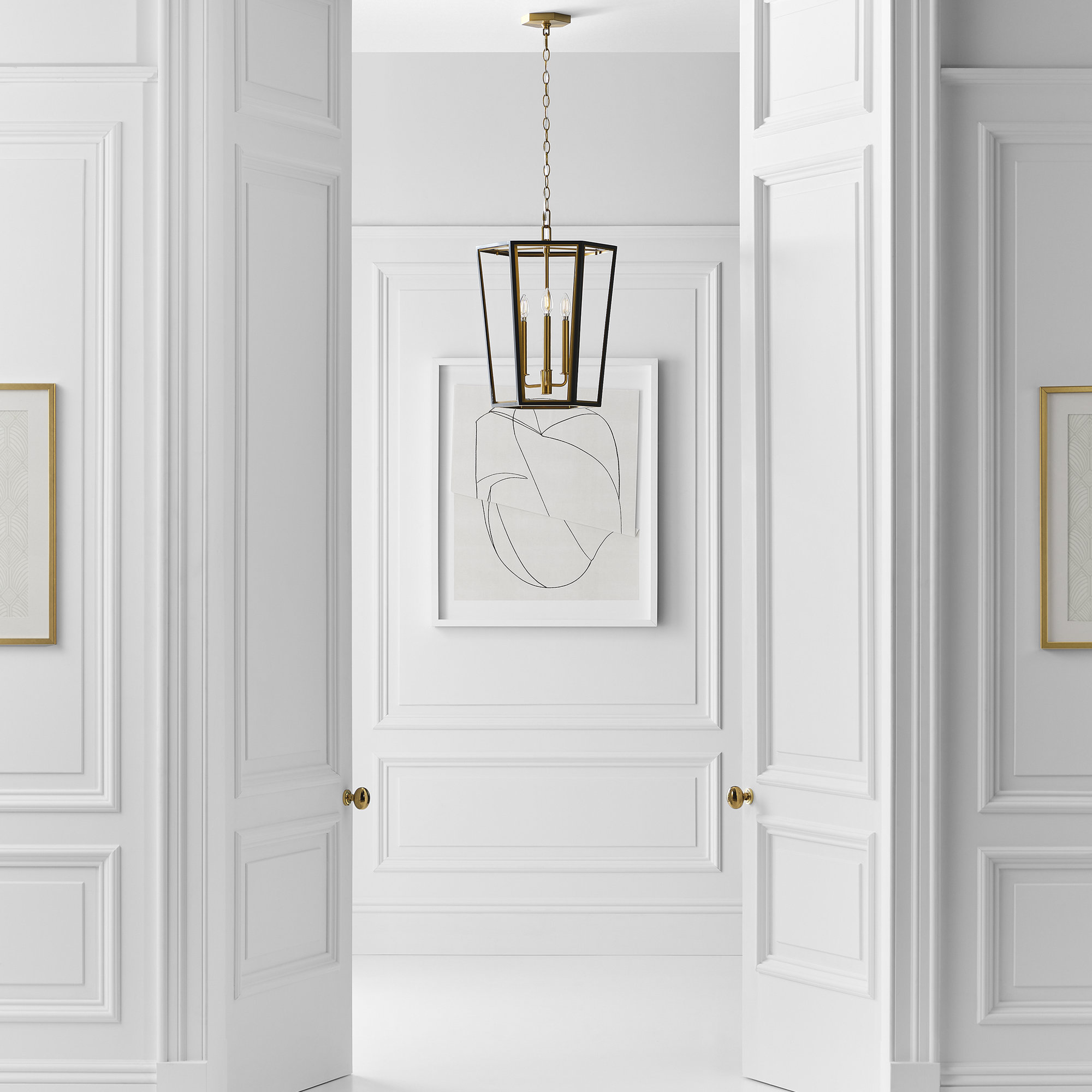 3 - Light Metal Dimmable Lantern Chandelier, Midnight Black/Burnished Brass