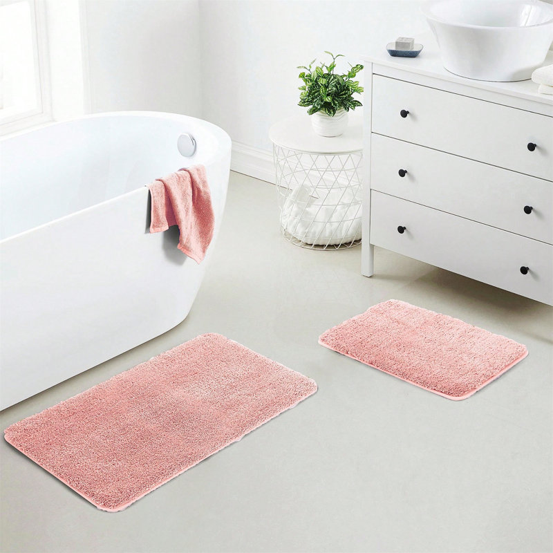 Ensemble de tapis de salle de bain en microfibre rose 17 po x 24 po - Tapis de bain épais et antidérapant, lavable à la machine, pour plancher de salle de bain, baignoire et douche