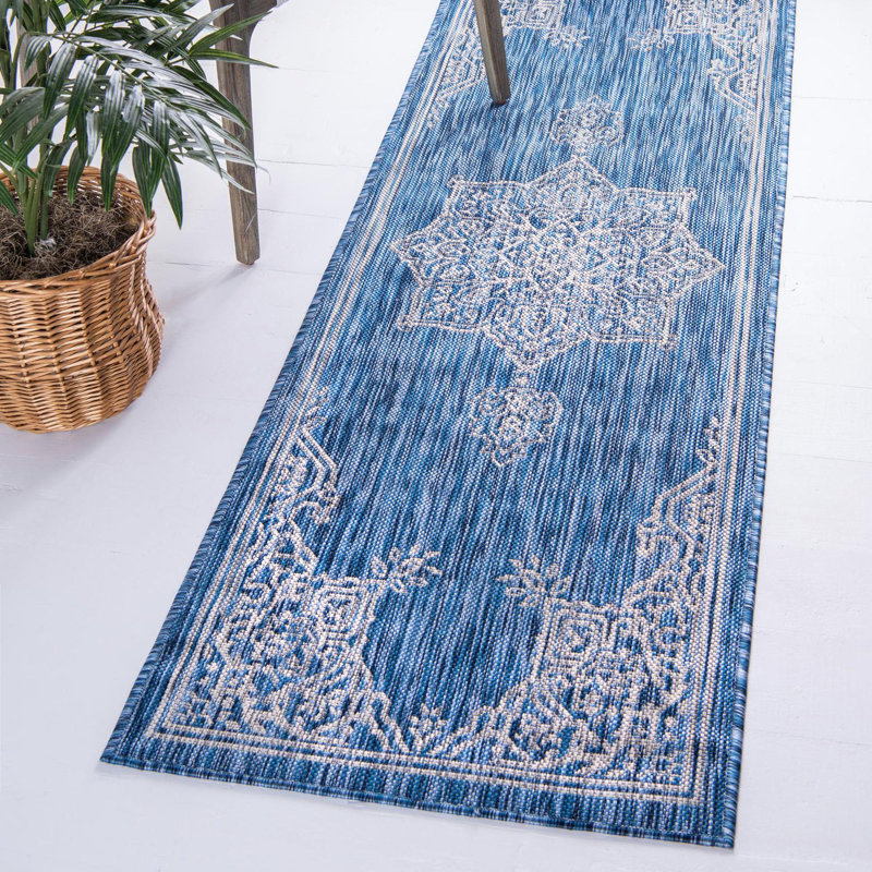 Cowhill Oriental Blue/Gray Indoor/Outdoor Area Rug, Runner 2'7" x 10'
