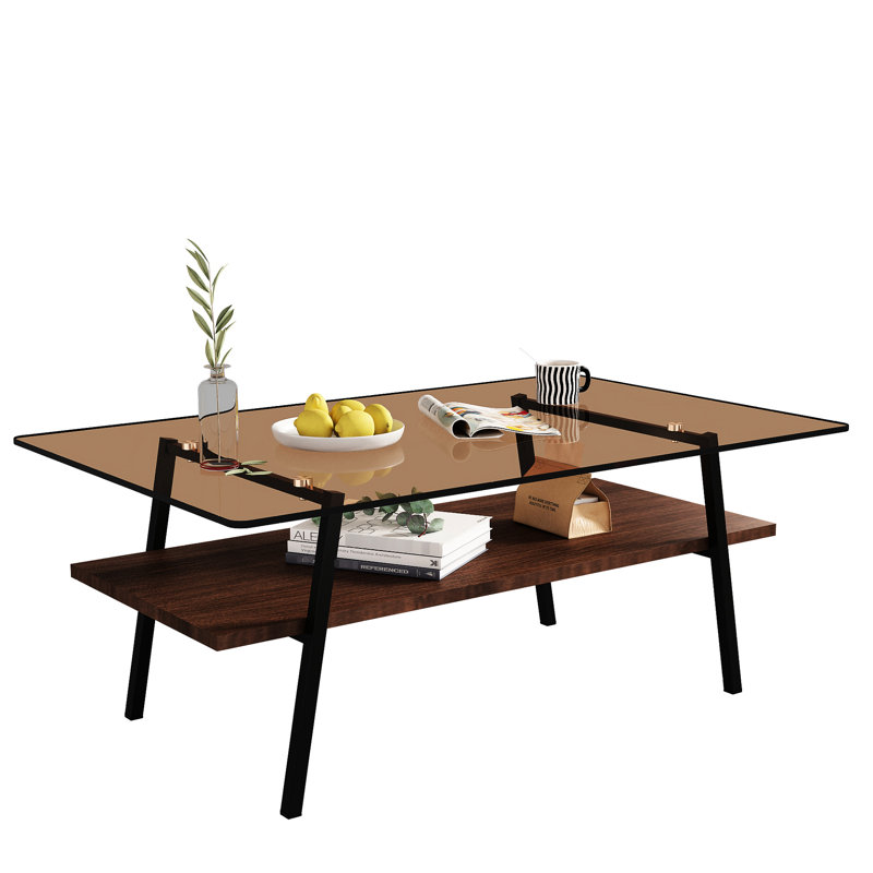 Table basse en verre brun avec plateau trempé et pieds en métal, table rectangulaire de style moderne pour le salon, espace pour les pieds