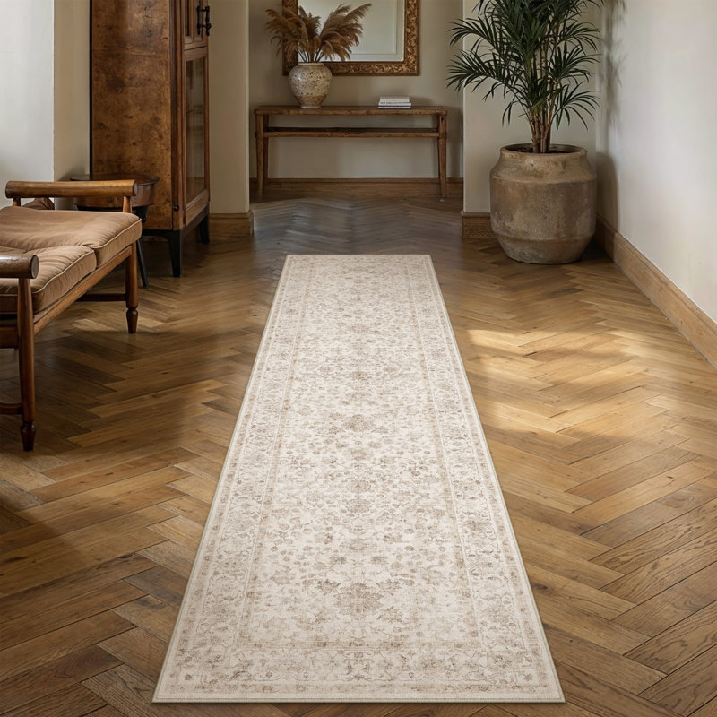 Machine Washable Floral Area Rug With Non-Slip Backing, Runner 2' x 8', Beige