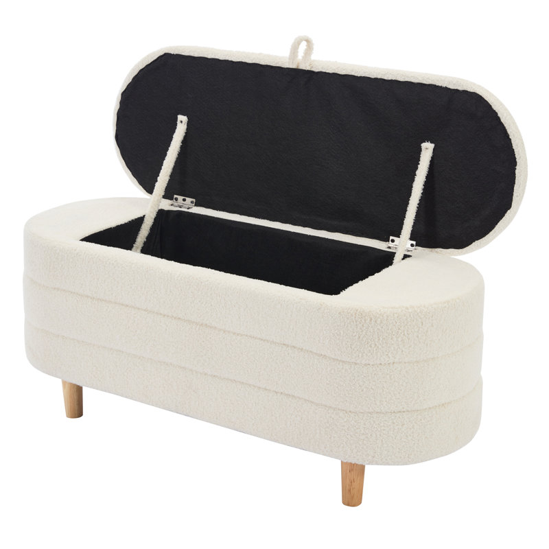  Elegant Upholstered Fabric Storage Ottoman with Wood Legs, Bedroom and Living Room Bench, White