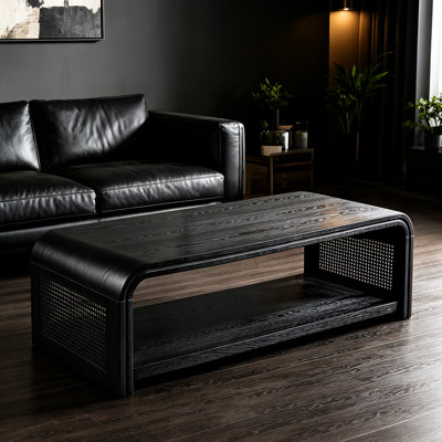 Table basse rectangulaire incurvée avec côtés en rotin