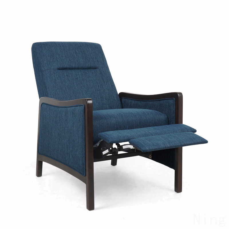Mid-Century Modern Fabric Recliner - Push Back, Thick Seat Cushion, Wooden Legs, Navy Blue
