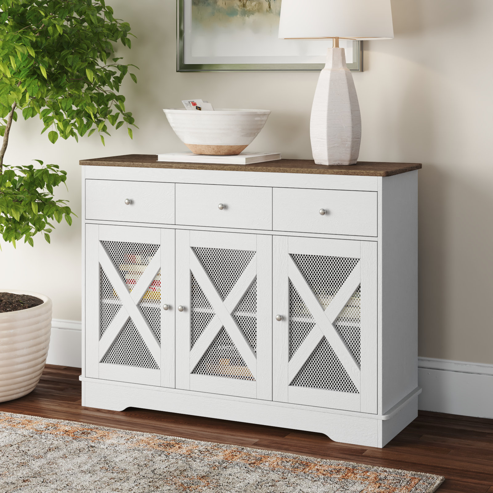 Small Narrow Rustic Cabinet w/Shelves & Drawers Whitewashed Wood w/Metal  Accents