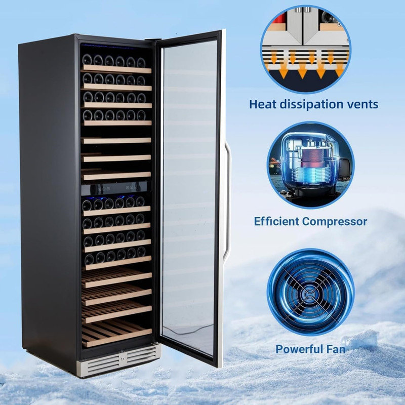 Dual Zone Wine Cooler 29-160 Bottle Capacity with Tempered Glass Door, Built-In/Freestanding Temperature Memory
