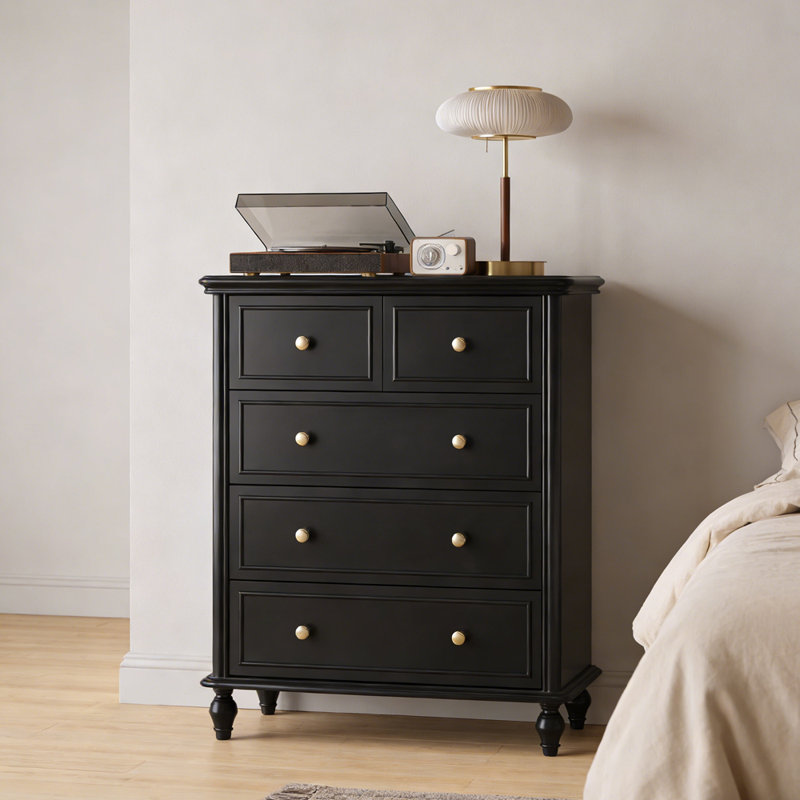 Armoire de rangement simple en bois massif noir à 5 tiroirs