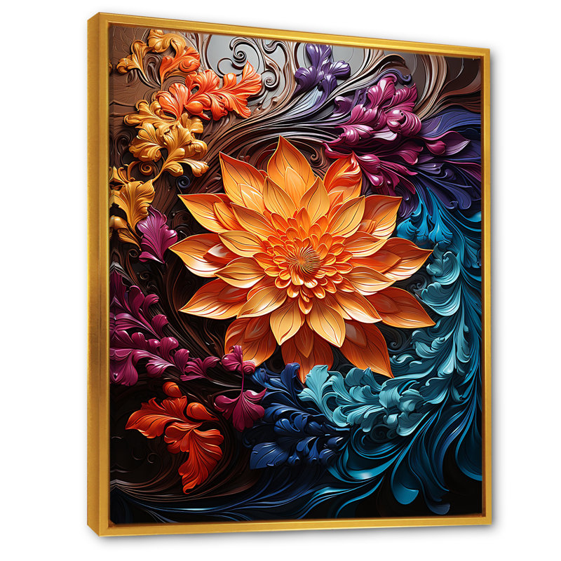 «Kaleidoscopic Curl Flower Spiral I», reproduction sur toile, H 32 po x l 24 po x P 1 po, Cadre flottant doré