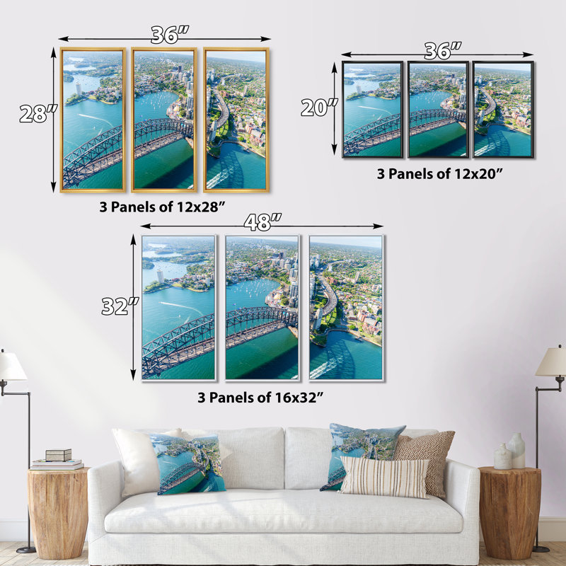Sydney - Vue aérienne - ensemble de 3 toiles d'art encadrées, Noir, H 32 po x l 48 po x P 1 po