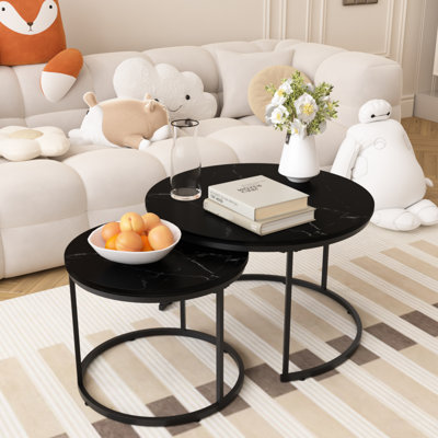 Table basse gigogne de 2, plateau de table rond en bois de 27,6 pouces et cadre en métal robuste pour le salon, la chambre à coucher, le balcon, la cour, le bureau, 2 tables noires, avec bureau en marbre