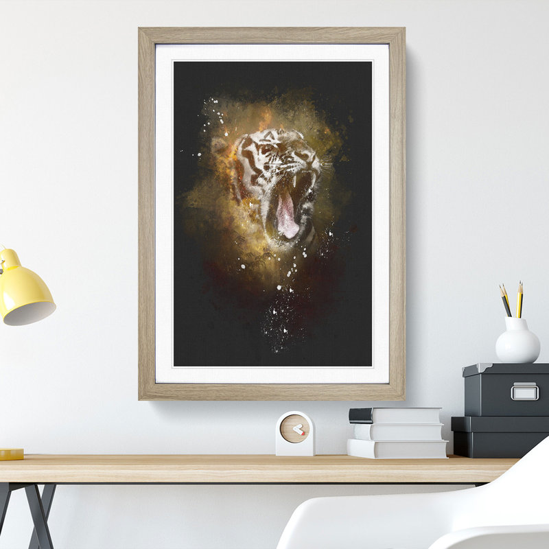 Tiger Roar Paint Splash - Picture Frame Graphic Art, 48cm H x 36cm W x 2cm D, Oak
