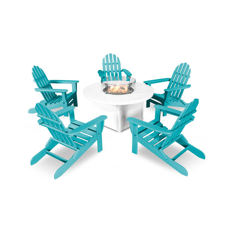POLYWOOD Classic Folding Adirondack 6-Piece Conversation Set with Fire Pit Table, Aurba