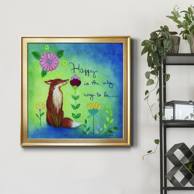 Happy Fox - peinture sur toile encadrée, H 30,5 po x l 30,5 po x P 1,5 po, Encadrement doré