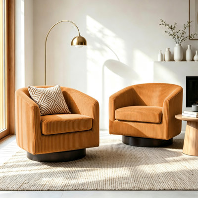 Fauteuil pivotant Frankie en velours côtelé orange capitonné avec base en bois massif