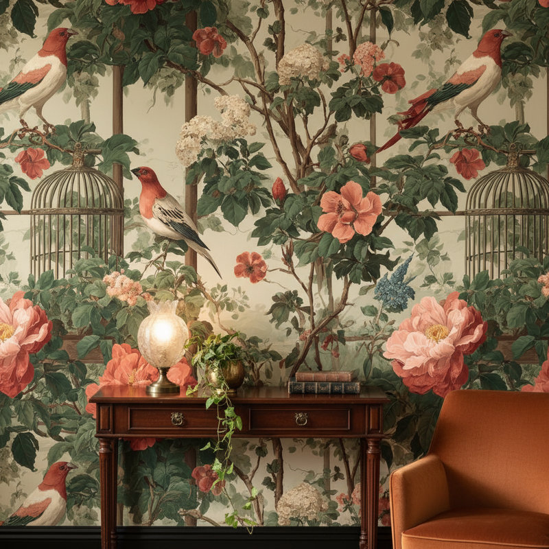 Papier peint floral rétro avec oiseaux