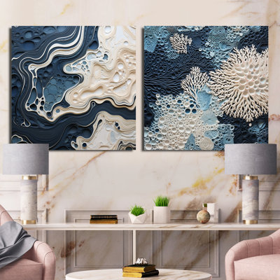 Collage abstrait crème et bleu - ensemble de 2 collages carrés abstraits