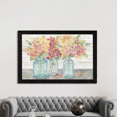 Farmhouse Hydrangeas In Mason Jars Spice - Gather by Cynthia Coulter - Painting on Canvas