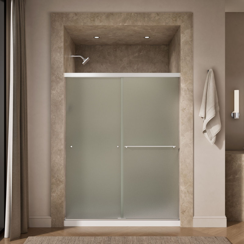 Revel 59.63'' x 76'' Double Sliding Shower Door with CleanCoat Technology, Bright Polished Silver, Frosted
