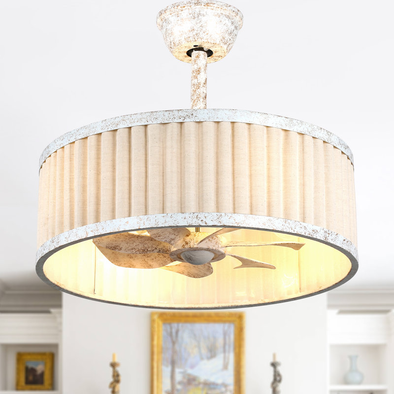 20" Boho Caged Ceiling Fan with Light and Remote, White Fabric Vintage Fandelier Ceiling Fan with 6 Speeds for Bedroom