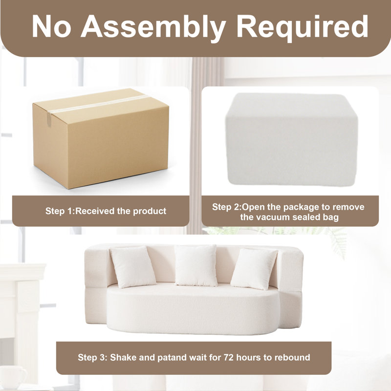 Azareu Upholstered Boneless Convertible Folding Sleeper Sofa Bed with 3 Pillows,No Assembly, Ivory