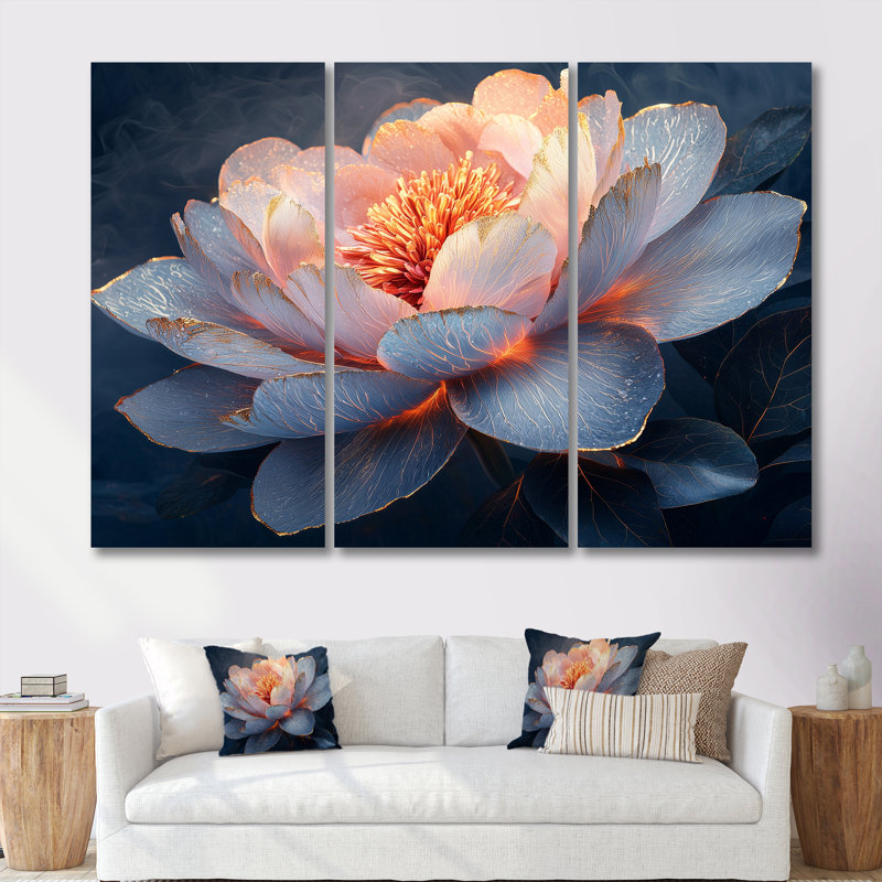 Ensemble de décorations murales pivoines roses et dorées, Toile avec cadre flottant or, H 32 po x l 48 po x P 1 po