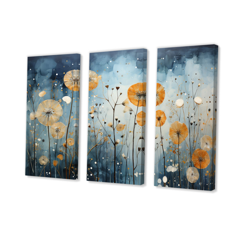 Blue Dandelion Floral Symphony VI - 3 pièces sur toile tendue, H 28 po x l 36 po x P 1 po