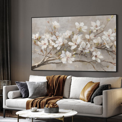 Extra Large Wall Art Fabric Print - White Cherry Blossom Branch Elegant Floral Illustration Artwork Decor for Living Room or Bedroom - "Frame Assembly Required (Unfinished Frame)"