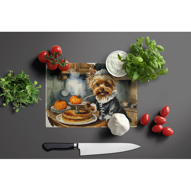 Yorkie Fall Kitchen Pumpkins Glass Cutting Board Large