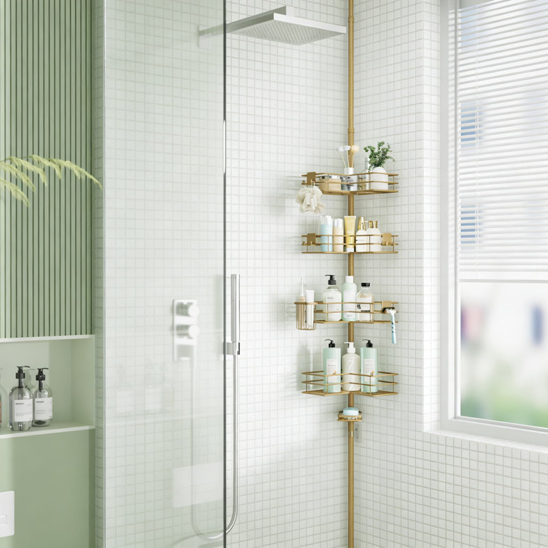 Adjustable Corner Shower Caddy Organizer With 4-Tier Shelves, Soap & Toothbrush Holder, Rustproof Stainless Steel Tension Pole For Bathroom Storage