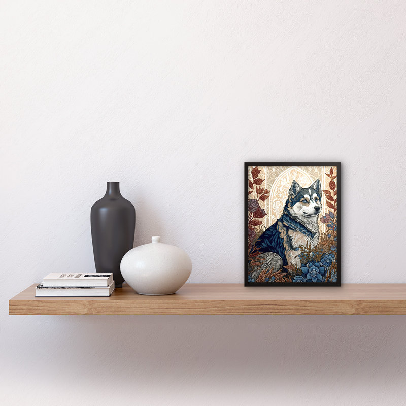 Siberian Husky Dog In Autumn Flower Field Modern Nouveau - Single Picture Frame Print