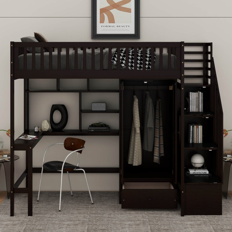Lit mezzanine simple avec bibliothèque, tiroirs, bureau et garde-robe, Espresso