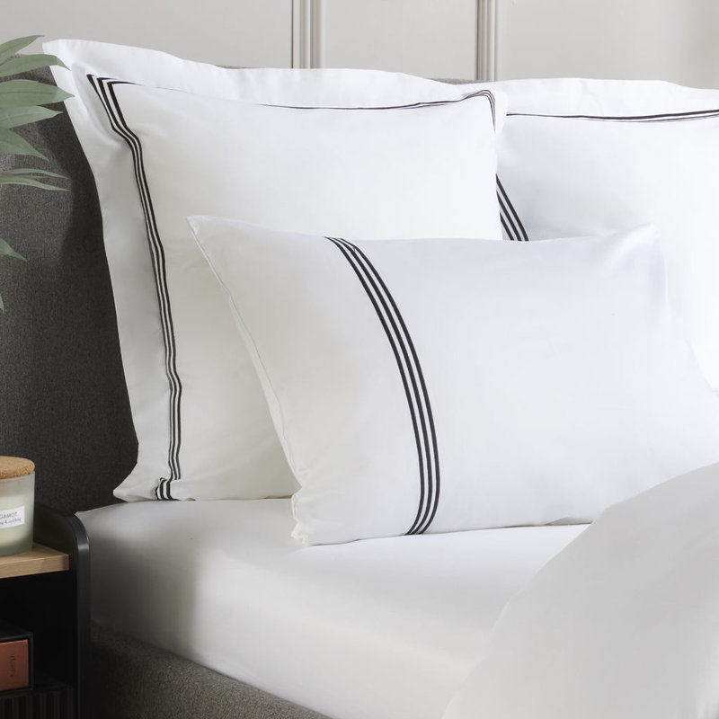 Cate 800 Thread Count Triple Row Cord Embroidered Sateen Pillow Cases, White/Black