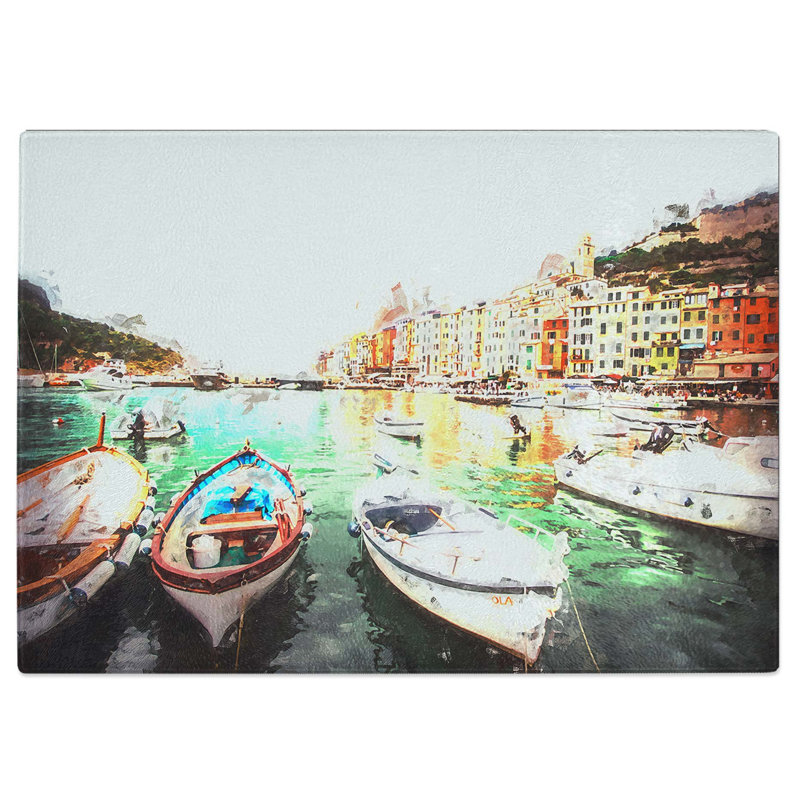 Tempered Glass Docked Boats in Portovenere Italy Chopping Board, 39 cm W x 28.5 cm L
