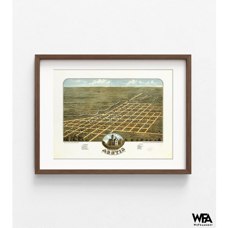 Vue d'oiseaux du comté d'Austin-Mower, Minnesota, 1870, H 42 po x l 56 po, Reproduction encadrée brune avec passe-partout