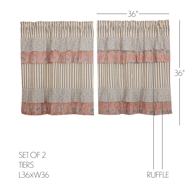 Rideau de café en coton Charla, Bleu marine / crème / vieux rose, l 36 po x L 36 po
