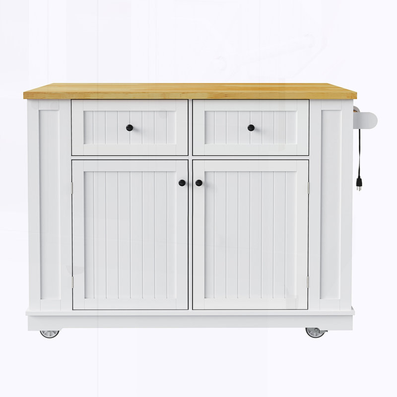 Kitchen Island with Drop Leaf,Power Outlet,Internal Storage Rack, White