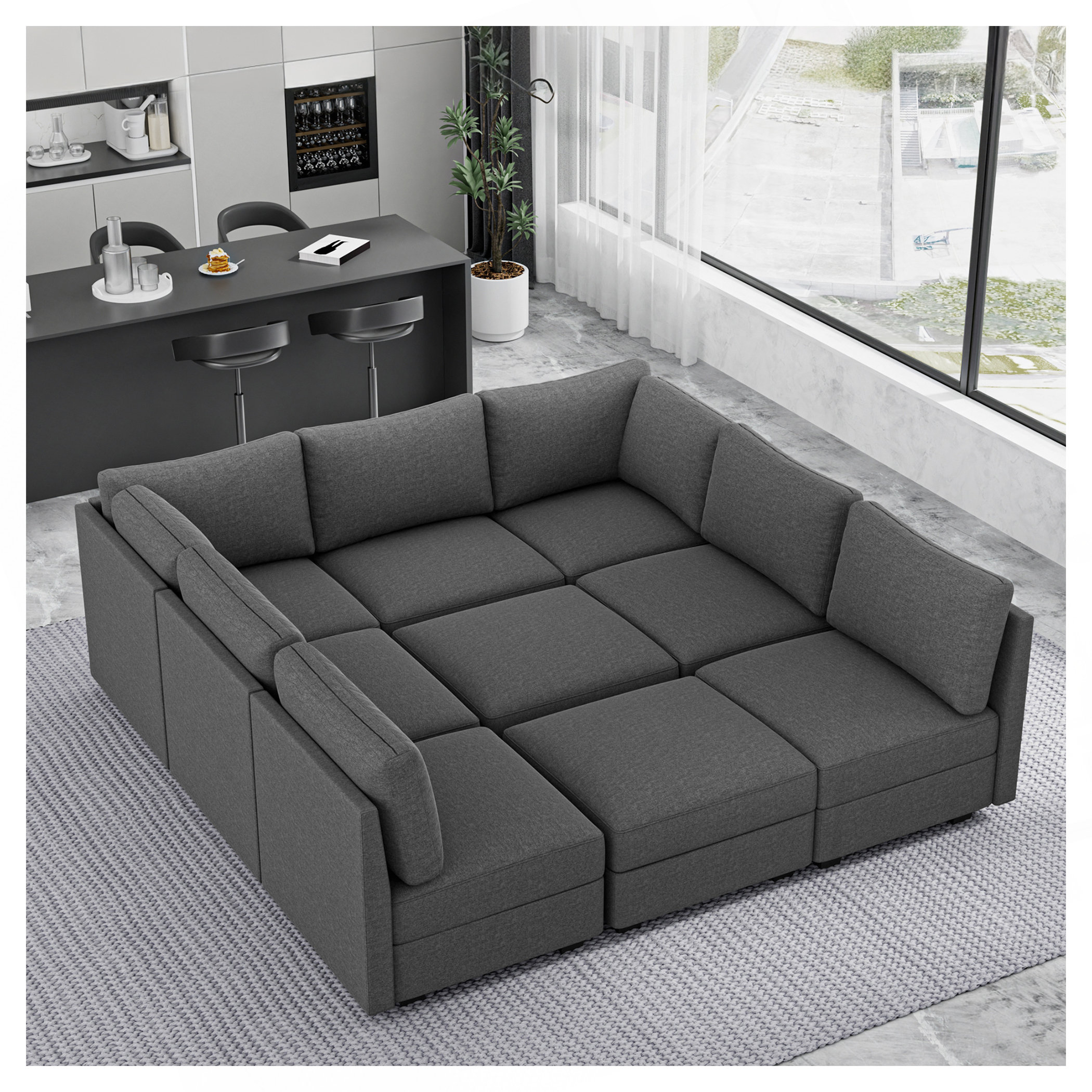 Hokku Designs Modern 9-Seater Armless Sectional Sofa, Convertible U ...
