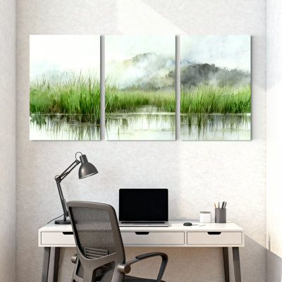winter forest Misty Marsh Landscape Water Reflections Green Grass Mountains Set of 3 Canvas Wall Art Prints