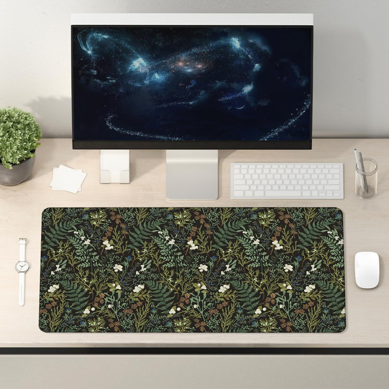Tapis de souris grand format vert foncé à motif de plantes (80 x 40 cm), style campagnard botanique vintage avec feuilles de fougère vertes, pour souris sans fil, ordinateur portable et accessoires de bureau.