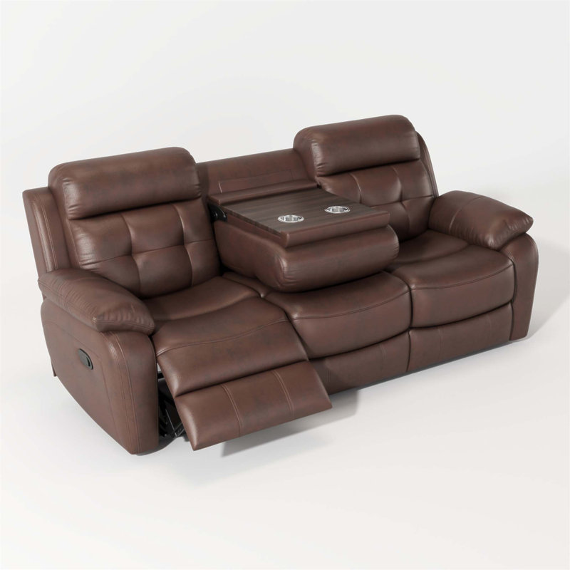 Canapé inclinable en cuir véritable avec table rabattable, porte-gobelets en acier inoxydable et sac à magazines pour un confort et une fonctionnalité ultimes