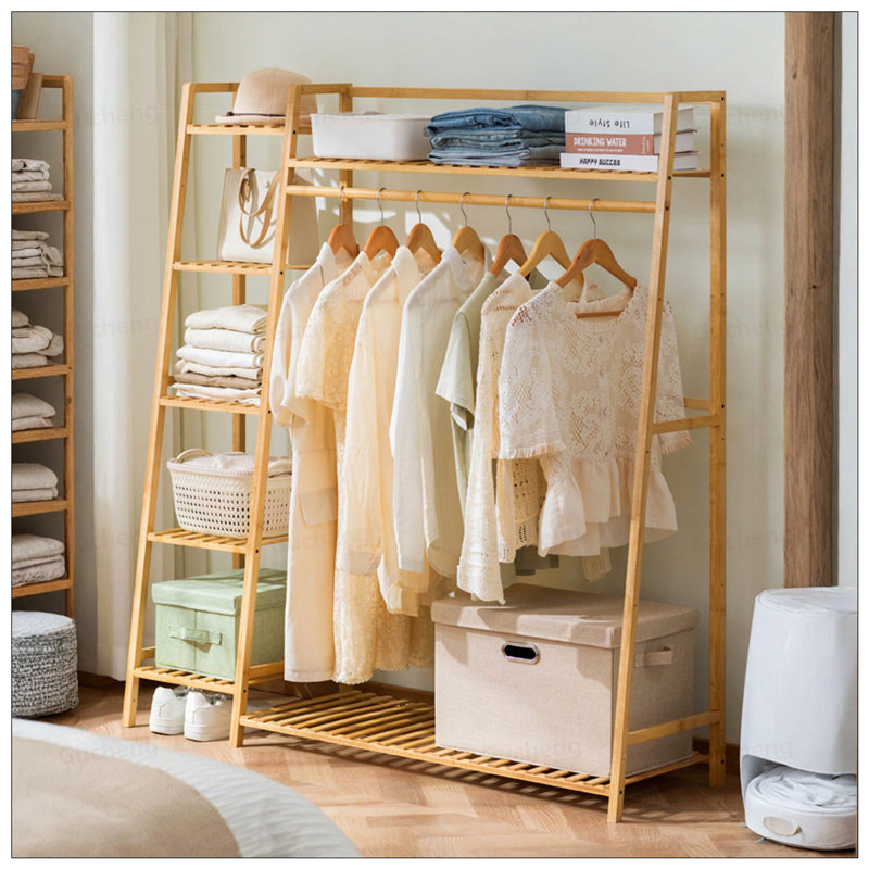 Portant à vêtements en bambou, portemanteau autoportant avec porte-chaussures, organisateur de garde-robe à plusieurs niveaux pour vestibule, salon, chambre à coucher, vestibule