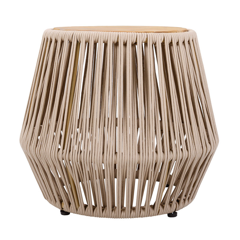 Lacey Patio Acacia Wood Side Table with Rope Base, Beige Rope/Light Teak Finish