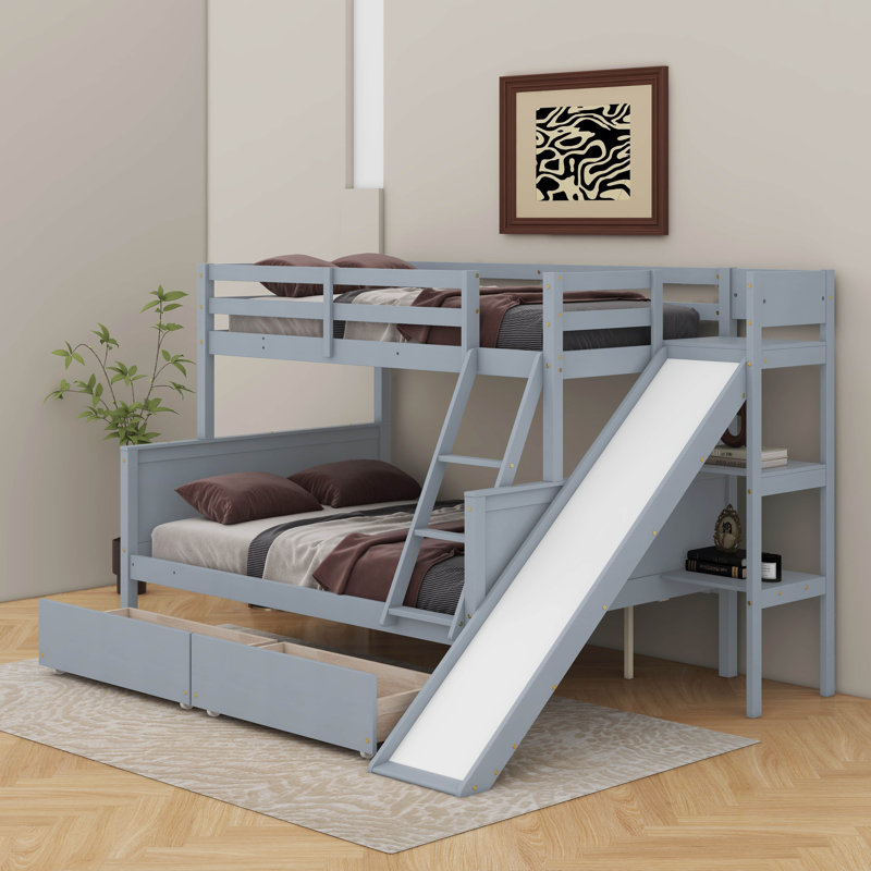Lit simple superposé au dessus d'un lit double avec 2 tiroirs, glissoire, tablettes et échelle, Gris