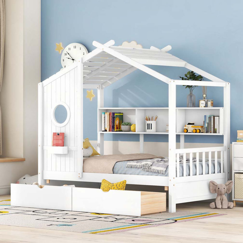Lit en bois avec 2 tiroirs, tablette, Lit simple